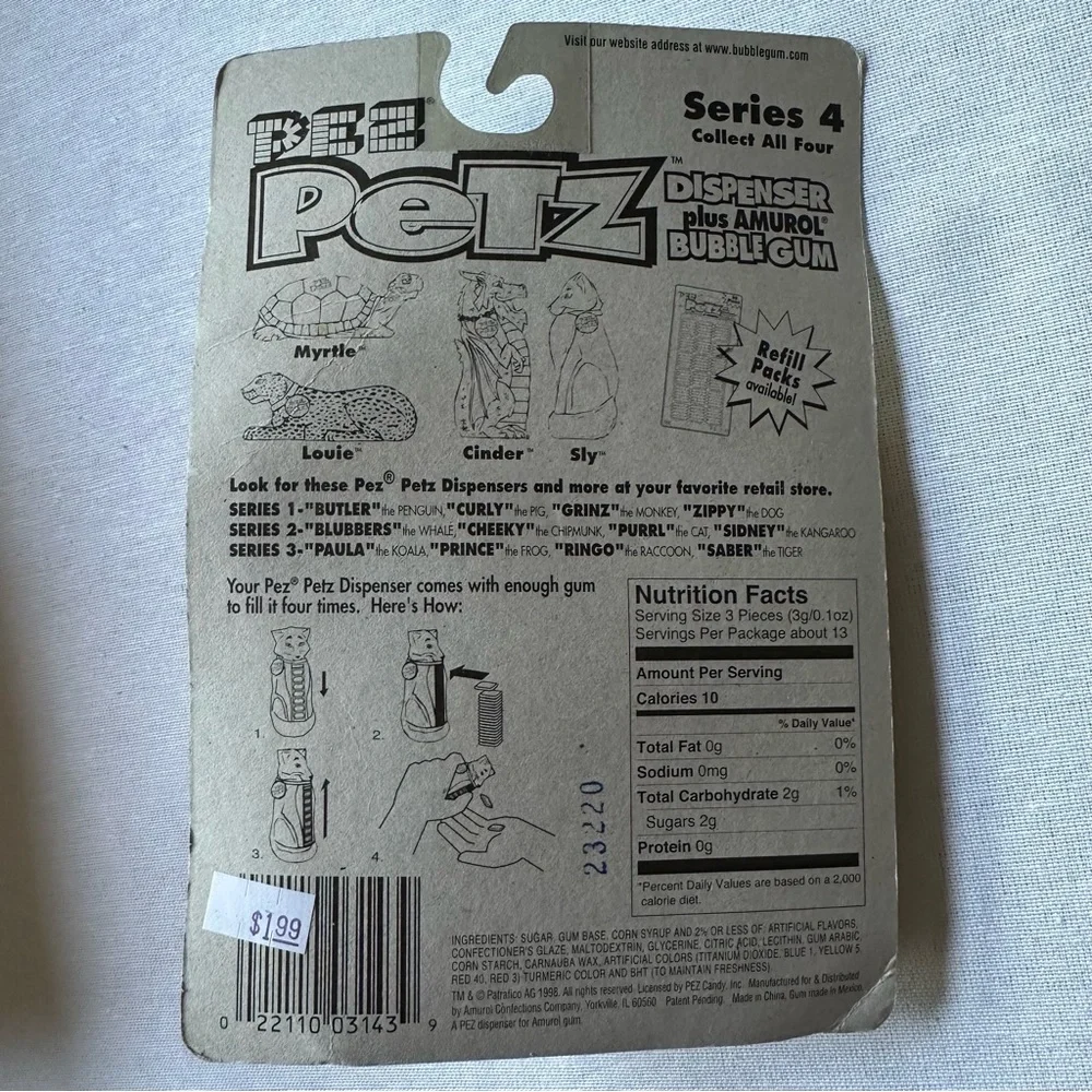 1998 PEZ PETZ “LOUIE” THE LEOPARD DISPENSER PLUS AMURAL BUBBLE GUM